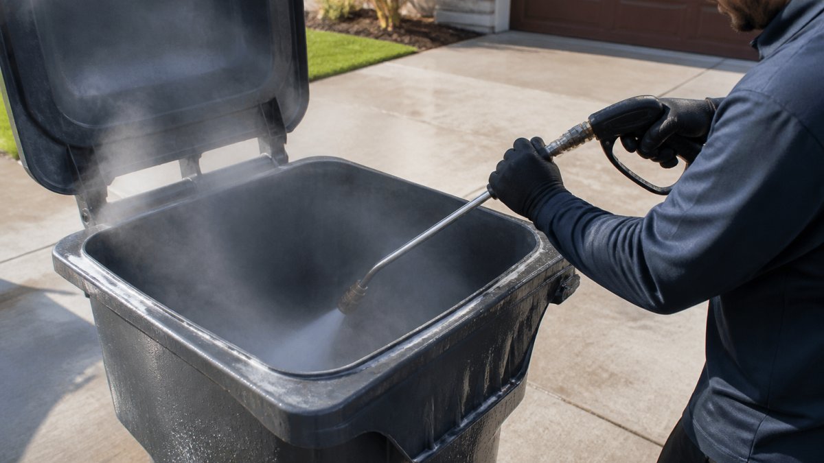Close-up of a sanitation technician in protective gloves using a high-pressure hot-water wand to clean the inside of a residential trash bin, with steam rising and a clean driveway visible behind