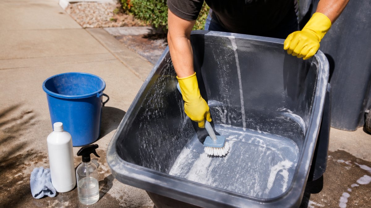 Person in yellow gloves scrubbing a kitchen trash can to remove a trash bin smell on a sunny driveway